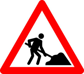 Road works sign. Attention, road works are underway. Warning sign work on road. Red triangle sign with silhouette working person inside.