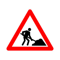 Road works sign. Attention, road works are underway. Warning sign work on road. Red triangle sign with silhouette working person inside.