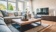 © Gasspoll - Comfortable corner couch and wooden coffee table placed in front of modern TV set in cozy spacious lounge room in house on sunny day, Generative AI