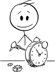 Poster - Watchmaker Repairing Alarm Clock , Vector Cartoon Stick Figure Illustration