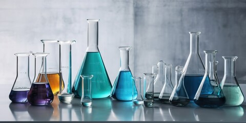 AI Generated. AI Generative. Chemical medicine laboratory set of volumetric glassware bottles for researh. Graphic Art