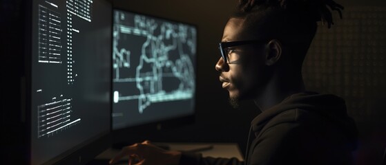 African American man programmer looking at lines of code on a screen. Generative ai