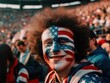 © ArtCraft - Joyful fan in the colors of the U.S. flag on his face at the stadium in a crowd of fans. Generative ai