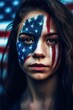 © ArtCraft - fan girl in the colors of the U.S. Flag of USA on his face and in the background. Generative ai