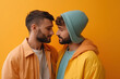 © ArtCraft - Happy homosexual men or gay couples are embracing and smiling together with a rainbow flag. Concept of LGBTQ pride. Space for text. Generative AI