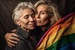 © ArtCraft - Lesbian homosexual women couple are embracing together with a rainbow flag. Equal rights for the lgbt community, intimacy and feelings for two girls. Concept of LGBTQ pride. Generative AI