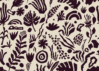 Hand drawn minimal vector abstract organic shapes pattern. Seamless print collage contemporary print. Fashionable template for design. Modern collage. Floral pattern for fashion prints, graphics.