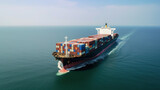 Fototapeta Uliczki - Aerial view of a large, heavy loaded container cargo ship