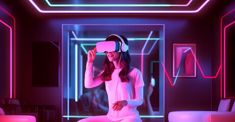 Wall Mural - Young woman with a VR headset and experiencing virtual reality. AI generated