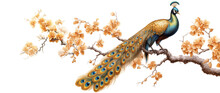 Peacock Standing On Magnolia Flower Branch, Png Isolated On Transparent Background. Generative AI
