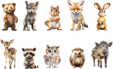 Poster - Safari Animal set bear, wolf, squirrel, fox, hare, deer, raccoon, owl, hedgehog, wild boar in watercolor style. . Generative AI