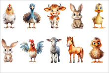 Safari Animal Set Chicken, Turkey, Cow, Rabbit, Duck, Bunny, Rooster, Sheep, Horse, Chicken In Watercolor Style. Isolated . Generative AI