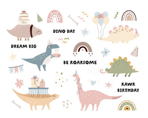 Wall Mural - Set of cute and funny Birthday dinosaurs with colorful holiday symbols