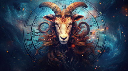 Wall Mural - Astrology calendar. Capricorn magical zodiac sign astrology. Esoteric horoscope and fortune telling concept. Capricorn Zodiac in universe. Generative AI