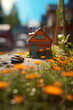 © Ricky - miniature fantasy scene tiny house with car and orange flowers tilt shift style, made with generative ai