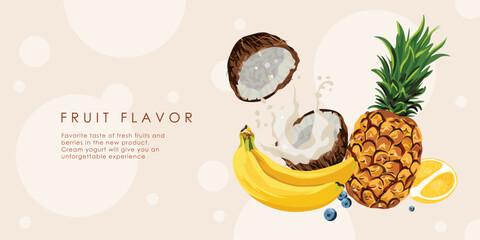 Fruit background summer fruit pineapple, banana, coconut banner, juice ad, yogurt ad, promo