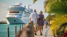 Active Seniors Taking At Vacation With Cruise Ship On Background. Summer Vacation Generative AI