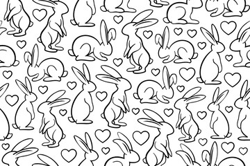 Poster - Cute and sweet pet bunnies seamless pattern. Repeating pattern with line art adorable rabbits with black thin line. 