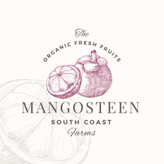 Wall Mural - Mangosteen Badge Logo Template. Hand Drawn Fruit Sketch with Retro Typography. Premium Plant Based Vegan Food Emblem Isolated
