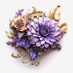 Chinese floral corsage detailed in ceramics in purple and gold in deep colors. Cute and sweet chinese flowers creative composition. Chinese floral corsage. Realistic 3D illustration. Generative AI