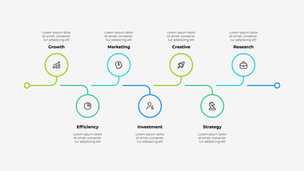 Wall Mural - Horizontal timeline infographic from thin lines. Concept of 7 options of marketing process