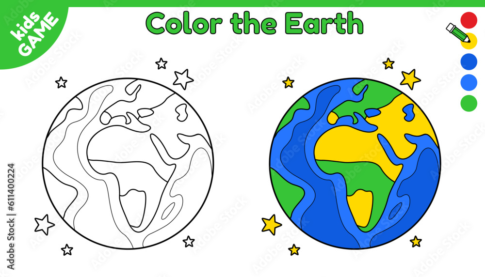 Page of coloring book for kids. Color cartoon globe Earth. Outline planet of solar system. Activity for kindergarten and preschool children. Vector black and white design on space theme.