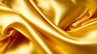 Gold shiny luxury draping satin fabric wave background, abstract dynamic smooth wavy elegant golden yellow silk cloth texture design, generative ai
