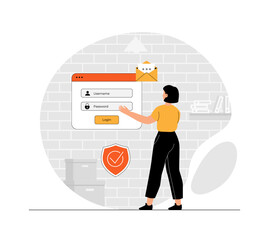 login authentication page concept. Woman field login screen with username password on web page. Two factor authentication. Illustration with people scene in flat design for website and mobile develop