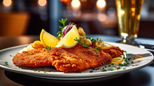 Vienna Schnitzel With A Side Dish At A Restaurant, Traditional Austrian Cuisine