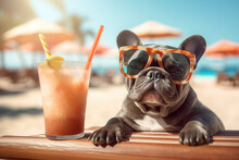 Photo Portrait Of A Realistic Happy French Bulldog Sitting In A Beach Cafe With A Fresh Cocktail On Summer Vacation, Relax Vibe Concept. Generative Ai