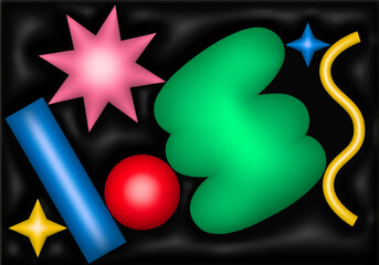 Poster - Bright Abstract Y2k Style 3d Colorful Geometric Shapes on Black Background. Vector Memphis Futuristic Pattern. Modern Graphic Design for Poster and Placard. Funny Contemporary Art