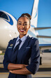 A woman in uniform standing in front of an airplane. Generative AI. Portrait of a flight attendant.