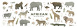 © Anastasiia Neibauer - African savannah animals set. Modern vector illustration of safari wildlife. Wild animal collection isolated on white background. Elephant, giraffe, zebra, leopard, lion, gorilla, crocodile.