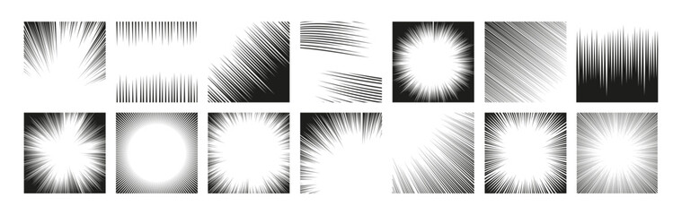 Cartoon radial frame. Manga comic strip and action anime motion graphic asset, burst effect, speed and velocity graphic elements. Vector isolated set. Fast and power movements for magazine