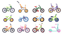 Cartoon Kids Bicycle. Colorful Teen And Child Cycle, Boy And Girl Bike With Basket, Different Types Of Colorful Bicycle Transport. Vector Isolated Set. Female And Male Vehicle For Cycling