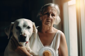 Wall Mural - Woman and her dog sitting near cooling fan at home