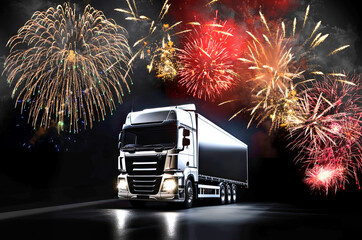 Wall Mural - truck at night with fireworks in the background . new year wishes with fireworks and space for text 