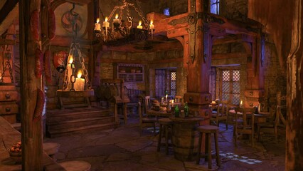 Poster - Candlelit medieval inn bar with tables of food and drink in the evening. Animated 3D render.