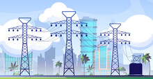 Electric Line With Pylons. Grid Transmission System With Towers And Towers. Power Network Infrastructure Vector Concept. Cityscape With Electricity Network Construction, Transformer With Equipment