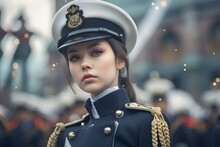 A Girl In A Royal Navy Uniform Is During An Armed Force Parade. Generative AI