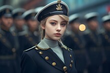 A Girl In A Royal Navy Uniform Is During An Armed Force Parade. Generative AI
