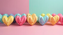 Paper Hearts In Rainbow Colors Placed On A Pastel Background. Generative AI