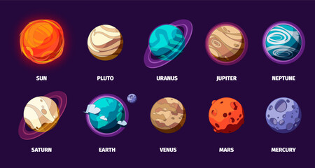 Wall Mural - Solar system planets set. Colorful cartoon space planets, Sun Earth Moon Mars Venus Saturn, cosmic universe concept. Vector isolated collection. Studying astronomy, celestial bodies