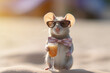 Portrait of a realistic happy mouse with sunglass and bow tie hold coctail on sunset party beach, holiday summer vacation relax vibe concept. Generative Ai