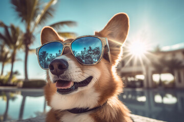 portrait of a realistic happy corgi dog with sunglass on sunset dreaming near pool, holiday summer v