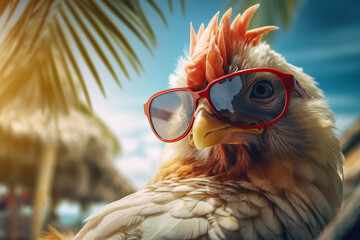 image portrait of a realistic happy cute chicken rresting on a beach on summer vacation, beach relax