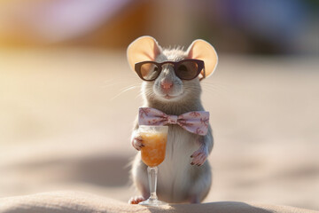 portrait of a realistic happy mouse with sunglass and bow tie hold coctail on sunset party beach, ho