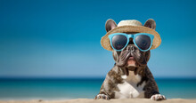 Pet Dog Summer Fun: French Bulldog Enjoys Beach Getaway With Cool Shades, Sunglasses, And Stylish Hat.  Generative Ai.