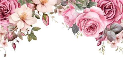 frame border with hand-drawn blooming roses isolated  on a transparent background, generative ai