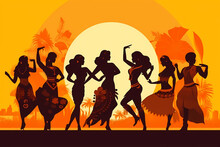 Festivities In Southamerica A Group Of Women Dancing In Front Of An Orange Background Generative AI